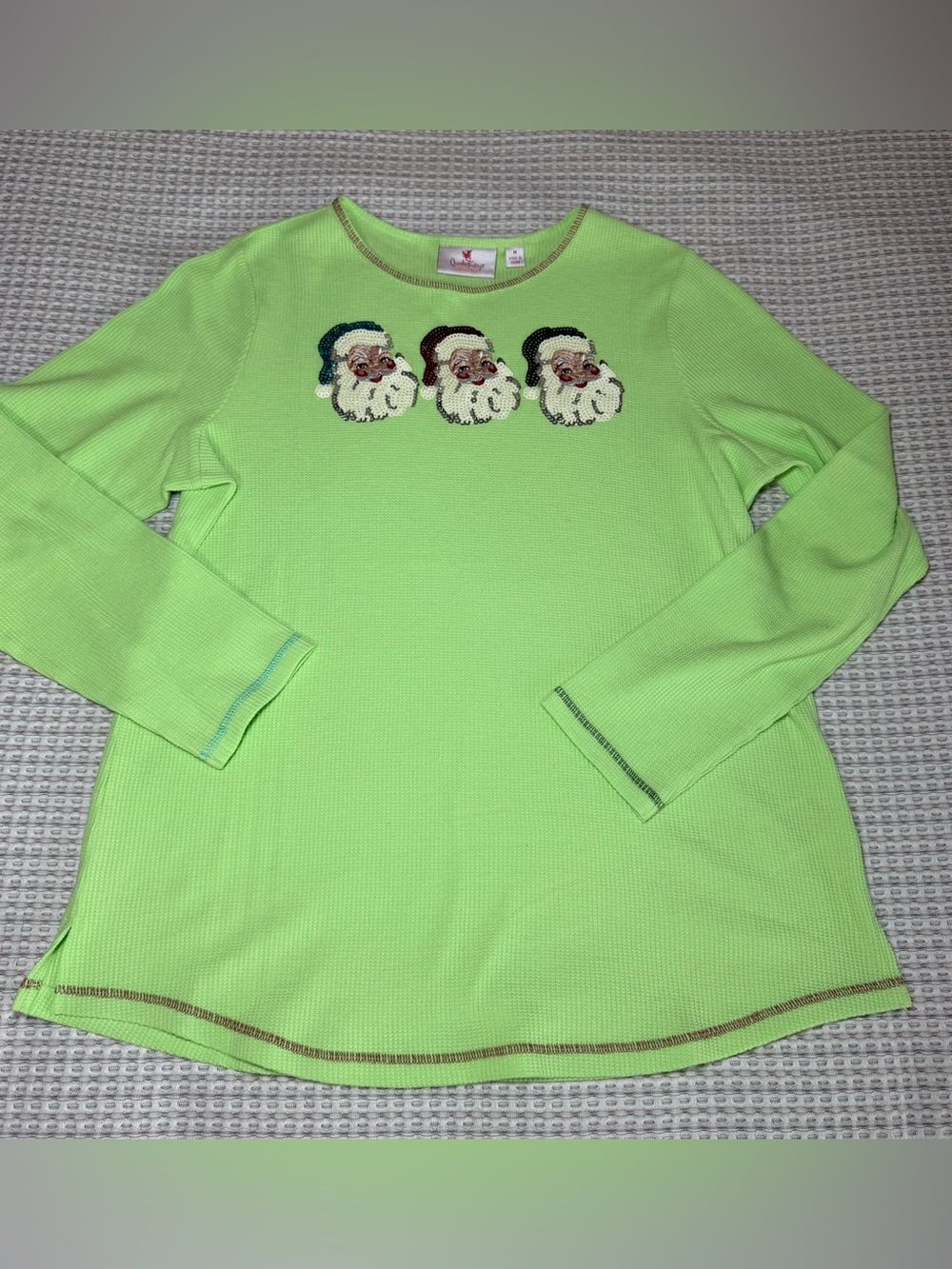 Quacker Factory Christmas Santa Green Long Sleeve Shirt Bedazzled Size Medium